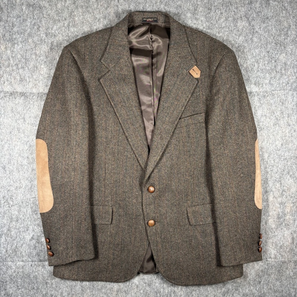 Vintage Wool Tweed Blazer Coat Herringbone Elbow Patch Men 42R Brown Hunter Glen